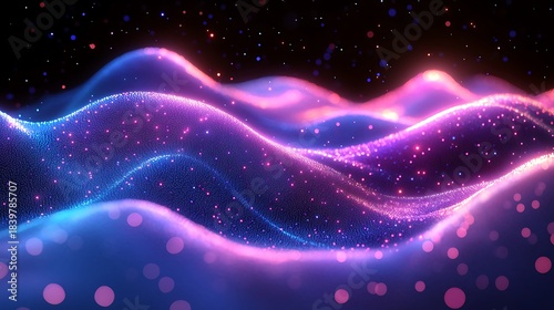 Abstract Neon Waves Flowing Through Cosmic Particles.