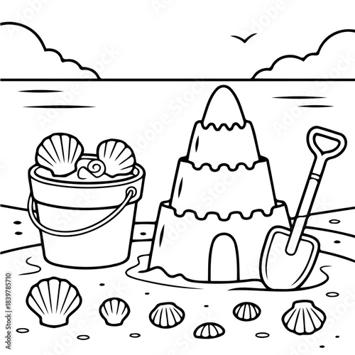 Beachside Castle: A delightful illustration of a sandcastle sitting idyllically on the beach, complete with a bucket of shells and a shovel. A fun scene of summer holidays.