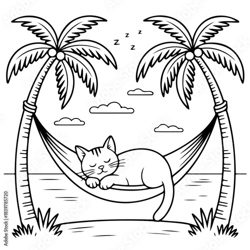 Tropical Cat Nap: A serene cat enjoys a relaxing nap in a hammock suspended between palm trees on a tropical beach, with gentle waves lapping nearby and a few fluffy clouds drifting across the sky.