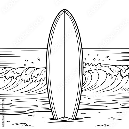 Ocean's Embrace: A surfboard stands steadfast, poised before a cresting wave, representing the thrill of surfing and the beauty of the sea.