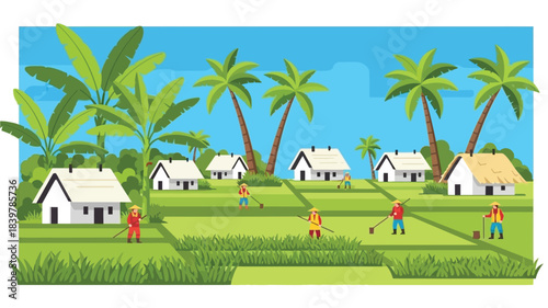 Tropical landscape with farmers working in a field near village homes