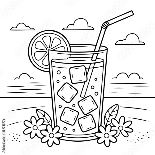Refreshing Summer Drink: A delightful monochrome illustration of a refreshing summer beverage. This artistic rendition captures the essence of summer relaxation, ideal for various creative projects.