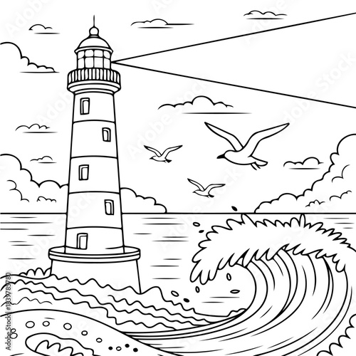 Lighthouse Guiding the Way: A detailed line drawing of a towering lighthouse, with a focused beam of light, standing steadfast against crashing waves, and the backdrop of flying seagulls.