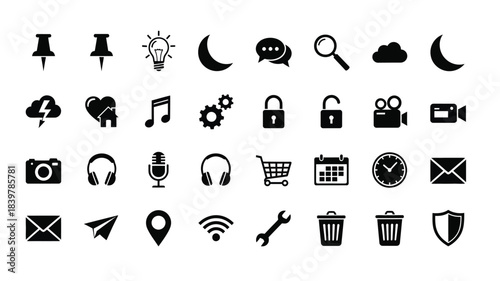 Collection of diverse black silhouette icons representing various concepts and functionalities