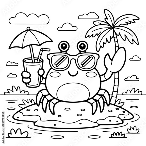 Crab's Tropical Retreat: A cheerful crab enjoys a refreshing drink under a parasol on a sunny beach, embracing the simple pleasures of a tropical paradise.
