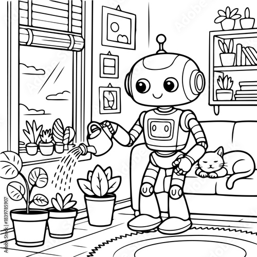 Robot Gardening: A charming robot diligently waters indoor plants in a cozy room, accompanied by a sleepy cat, creating a scene of futuristic domesticity and harmony.