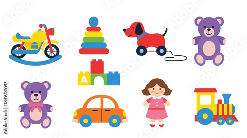 Colorful collection of classic children s toys arranged in a playful flat design