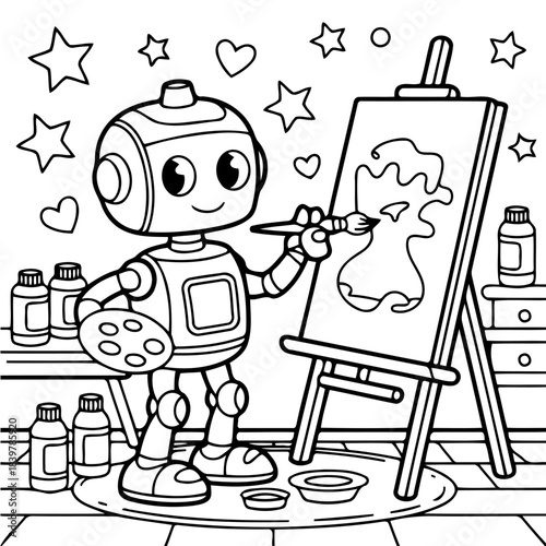 Creative robot artist with brush in hand: A charming robot artist, engrossed in creative endeavors, delicately holds a paintbrush and palette. Its focus is set upon an easel.