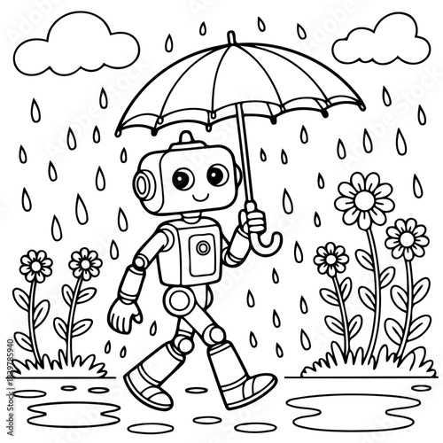 Rainy Day Robot: A charming cartoon robot strolls through a downpour, its mechanical form shielded by an umbrella, against a backdrop of blooming flowers and whimsical clouds.