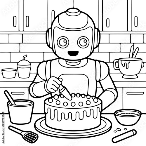Robot Baker: A charming robot with a smiling face diligently decorates a delicious cake in a modern kitchen setting.