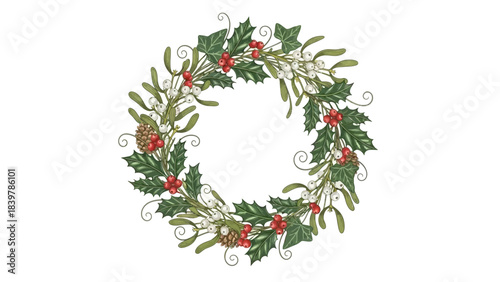 Festive Botanical Wreath: A vibrant holiday wreath, composed of holly, mistletoe, and pine cones, embodies the spirit of Christmas, creating a timeless decoration with natural beauty.