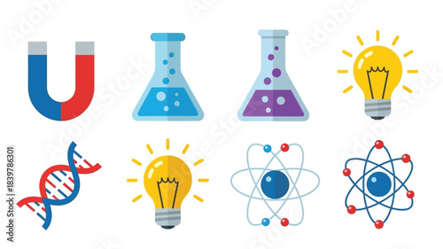 Science icons depicting magnetism chemistry biology and electrical energy