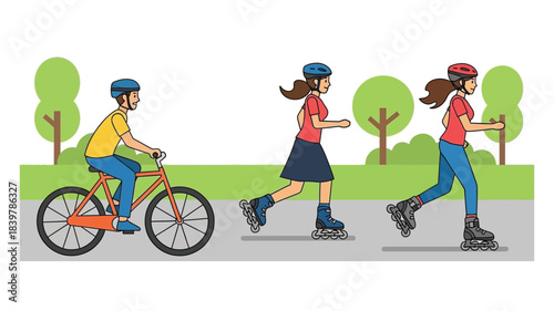 People enjoying outdoor activities cycling running and rollerblading in a park