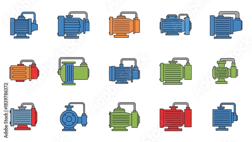 Collection of colorful industrial electric motors and water pumps in flat design
