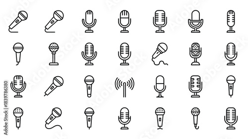 Collection of diverse microphone icons in a simple black and white line style