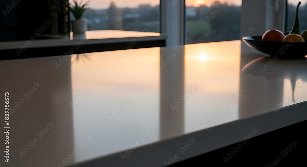 Fototapeta premium Modern Kitchen Countertop Reflecting a Golden Sunset.
