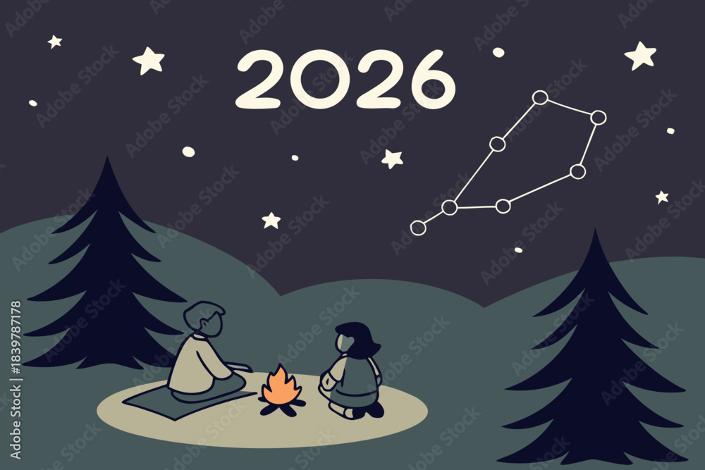 Naklejka premium Night Camping Landscape with Campfire and 2026 Constellation 