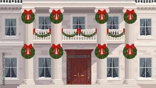Festive Facade: A stately building is adorned with festive wreaths and red bows, evoking holiday cheer and seasonal elegance. 