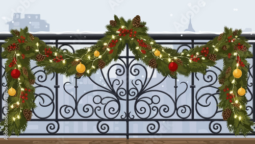Christmas Garland Overlooking Winter Scenery: Festive Christmas garland decorates a balcony, overlooking a winter cityscape, creating a beautiful seasonal atmosphere. 
