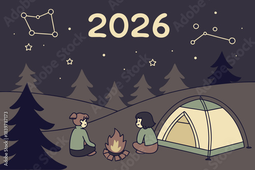 Night Camping Landscape with Campfire and 2026 Constellation 