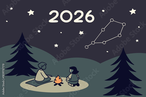 Night Camping Landscape with Campfire and 2026 Constellation 