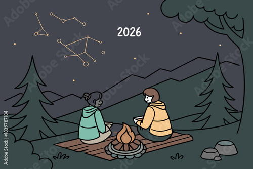 Night Camping Landscape with Campfire and 2026 Constellation 
