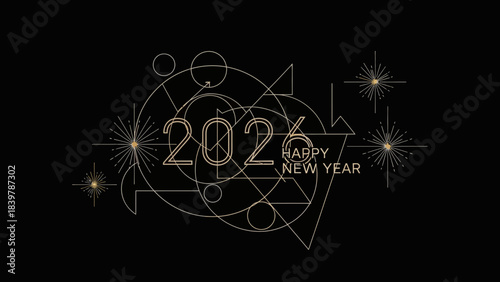 New Year's Geometric Celebration 2026: The New Year's message sparkles, with geometric design. The New Year has arrived, a time for fresh beginnings and new opportunities.