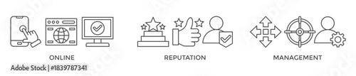 ORM banner web icon vector illustration concept for online reputation management with icon of internet, browser, winner, trust, favorite, and business