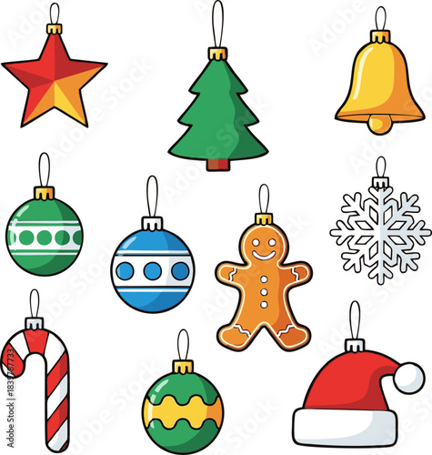 Collection of Colorful Christmas Ornaments and Decorations.
