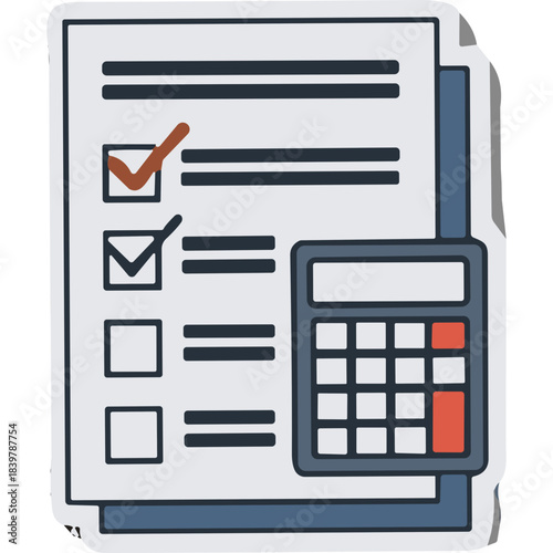 Hand drawn checklist with completed items and a calculator in a blue and white color scheme on a transparent background representing tasks completed and financial calculations