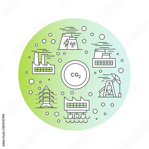 Minimalistic CO2 factory and production emissions icons. Industrial pollution, carbon output, greenhouse gases, climate change, environmental impact, oil, energy, electricity