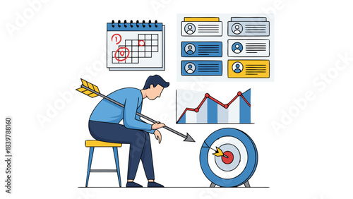 Man Shot By Arrow Sitting Near Target And Business Data Graphics Representing Missed Goals Or Business Failure