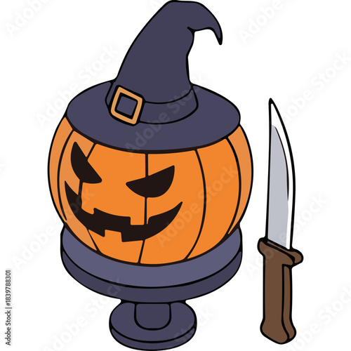 Halloween Jackolantern Pumpkin Wearing Witch Hat With Knife On Pedestal Isolated On Black Background Spooky Autumn Holiday Celebration