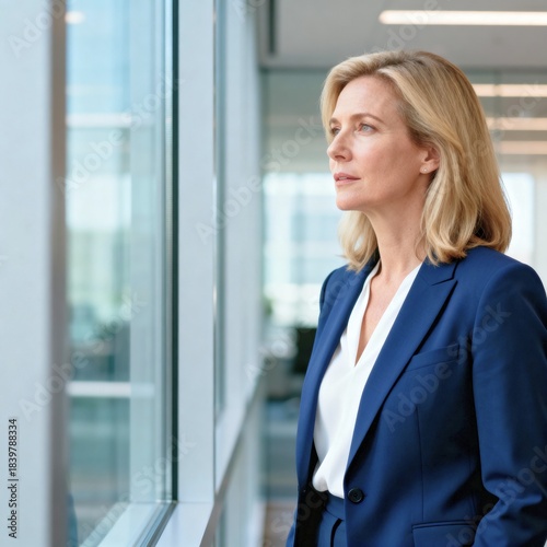 Middle-Aged Western Business Woman in Navy Blue Blazer and White Blouse Standing Near Glass Wall with Thoughtful Expression, Ultra-Realistic Corporate Portrait