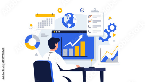Man Working On Computer Analyzing Financial Growth Charts and Global Data on Screen with Calendar and Pie Chart in Background
