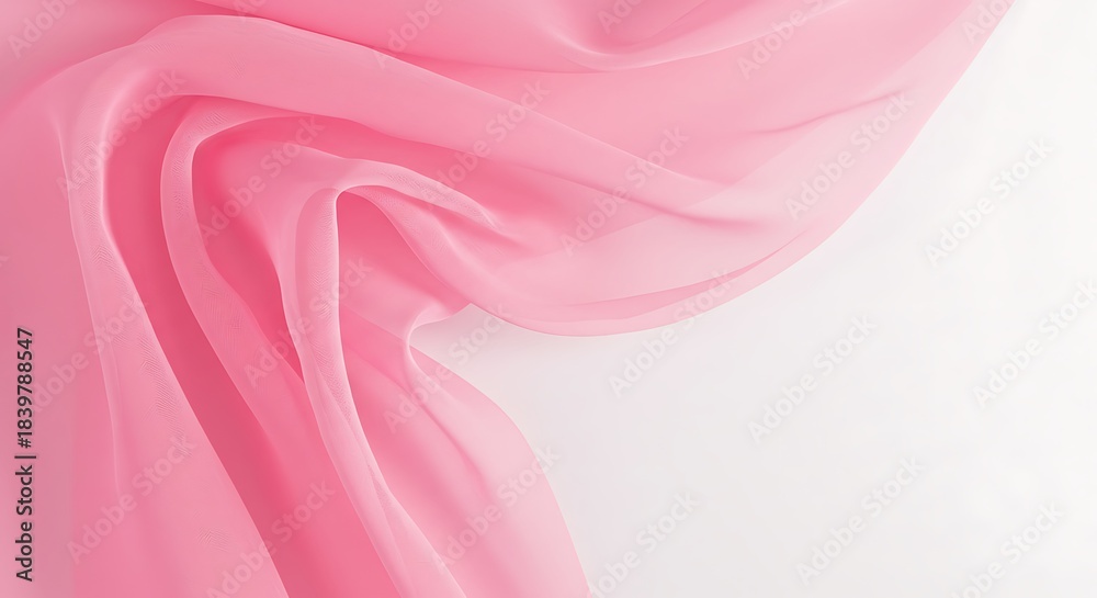 Fototapeta premium Graceful Pink Chiffon Fabric Draped Artfully, Soft Folds and Shadows on White.