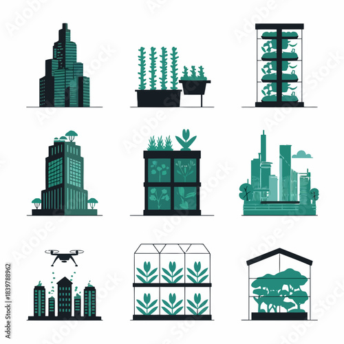 Modern city buildings with green rooftops, vertical gardens, and sustainable urban infrastructure icons