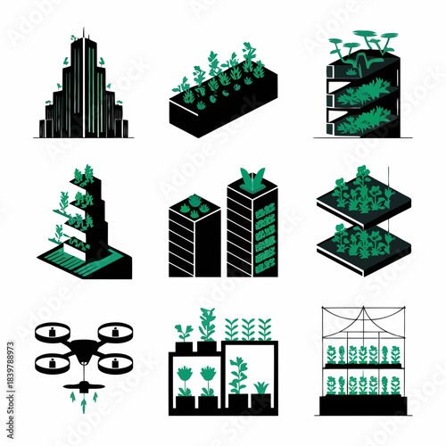 Modern urban architecture with green rooftops and vertical gardens, drone delivery, and sustainable city concepts