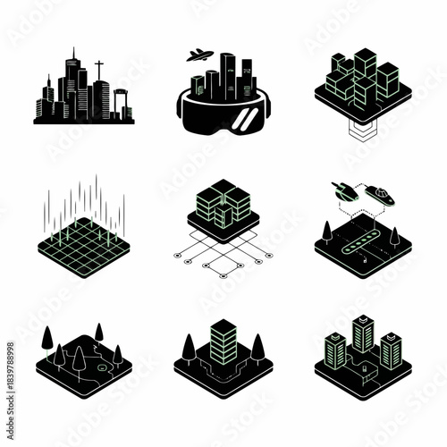 Various city and urban development icons including buildings, construction, and infrastructure elements on