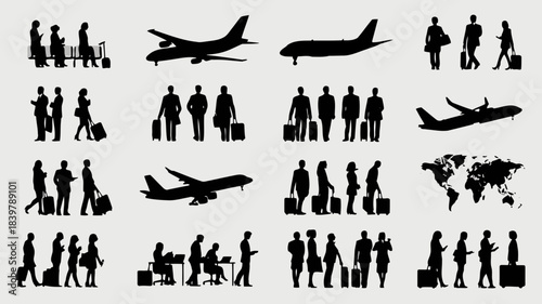 Silhouettes of people, airplanes, and a globe representing travel and global connectivity isolated on