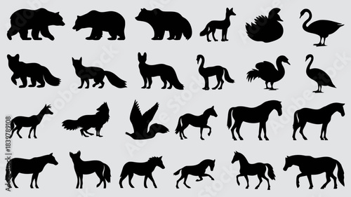 Black silhouettes of various animals including bears, birds, horses, and wolves in a collection of 20 different shapes