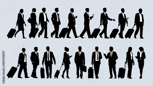 Silhouettes of people walking with luggage, representing travel and business concepts, isolated on