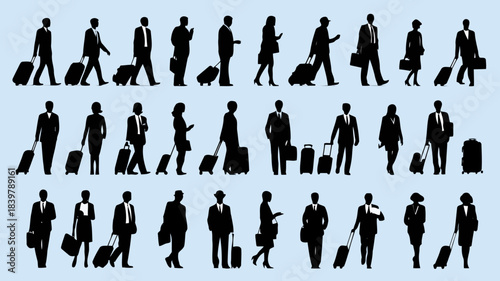 Silhouettes of people with luggage in various poses and activities isolated on
