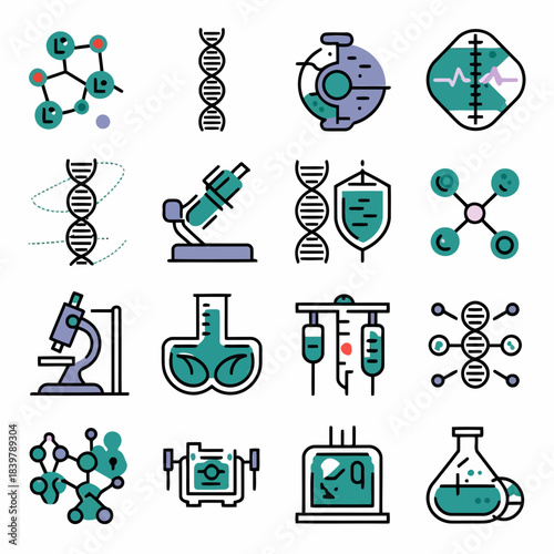 Set of scientific icons including dna, microscope, test tubes, lab equipment, and molecular structures