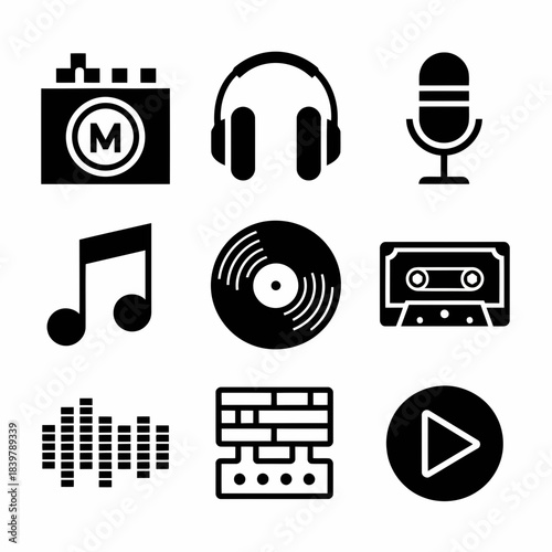 Set of music and audio equipment icons including headphones, microphone, speaker, and vinyl record