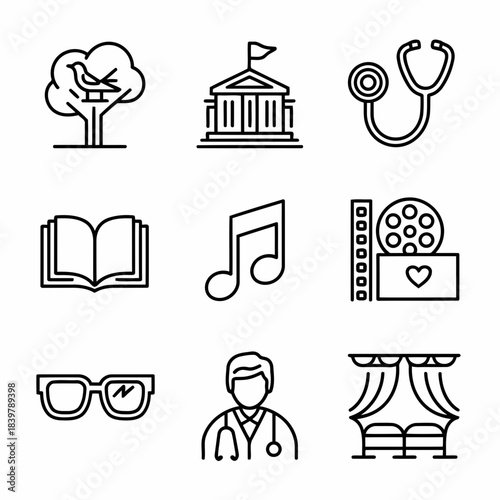 Set of icons representing various professions and activities including healthcare, education, music, and more