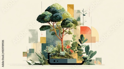 A Digital Illustration of a Tree and Plants Growing Within a Smartphone, Representing Environmental Sustainability