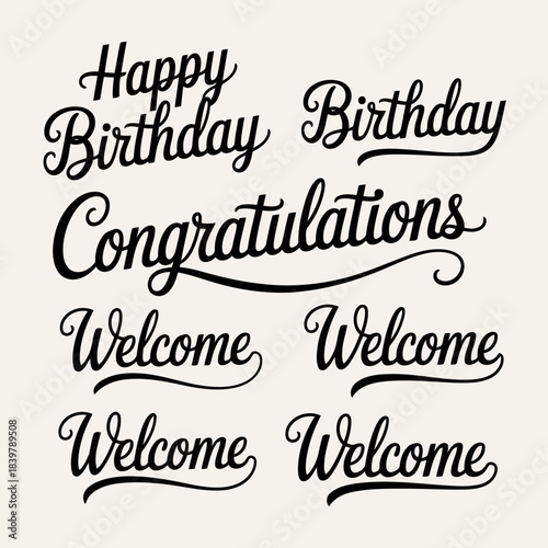 Elegant handwritten birthday, congratulations, and welcome messages in black ink on