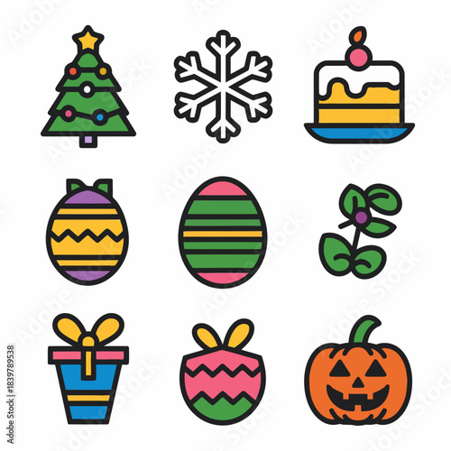 Colorful icons of holiday and seasonal symbols including christmas tree, snowflake, cake, easter eggs, shamrock, gift, berries, pumpkin, and more