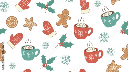 Cozy Christmas Pattern Featuring Hot Chocolate, Gingerbread Cookies, and Mittens for a Festive Feel
